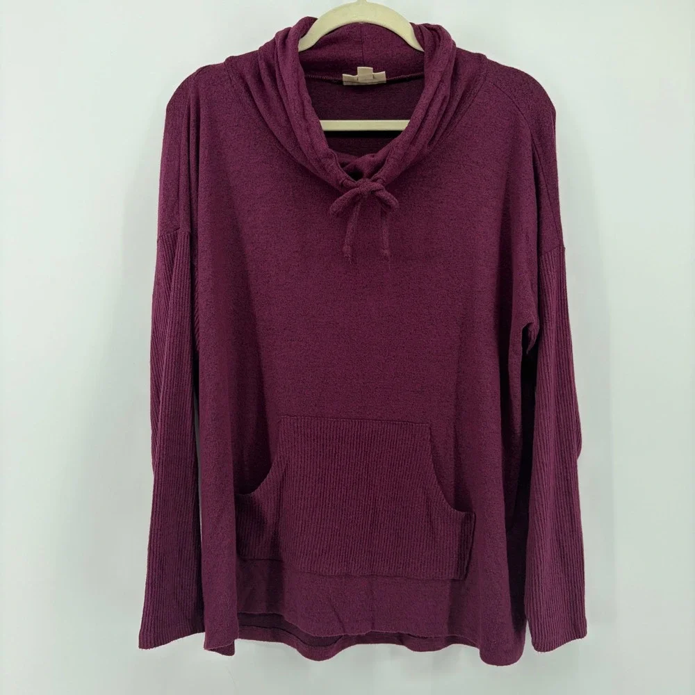 Style & co Womens M Purple Pullover Cowl Neck Ribbed Sleeve Kangaroo‎ Pocket Top